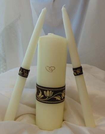 esküvői gyertyaszett csokibarna, arany tulipán mintával (3 részes)